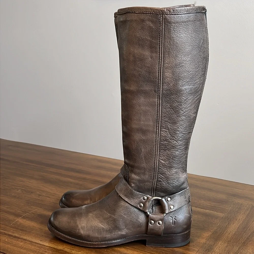 Frye Phillip Harness Tall Leather Riding Boots Gray 3476849 Womens Size 8.5 B - Picture 6 of 16